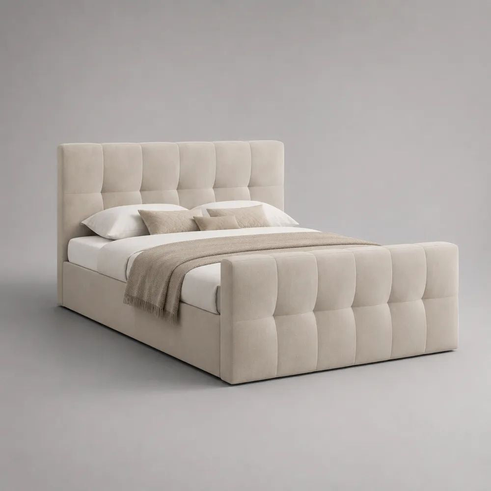 Boxspringbett-Set 180 × 200 cm mit gepolstertem Kopf- und Fußteil, Polyester-Samtbezug, Creme