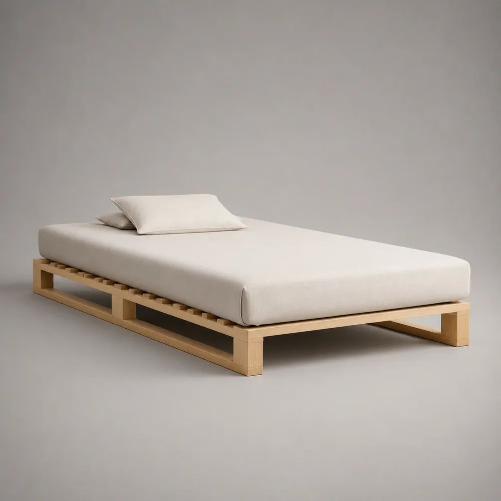 Bett mit Matratze aus massivem Buchenholz, Liegefläche 140 × 200 cm, Natur/Cremeweiß