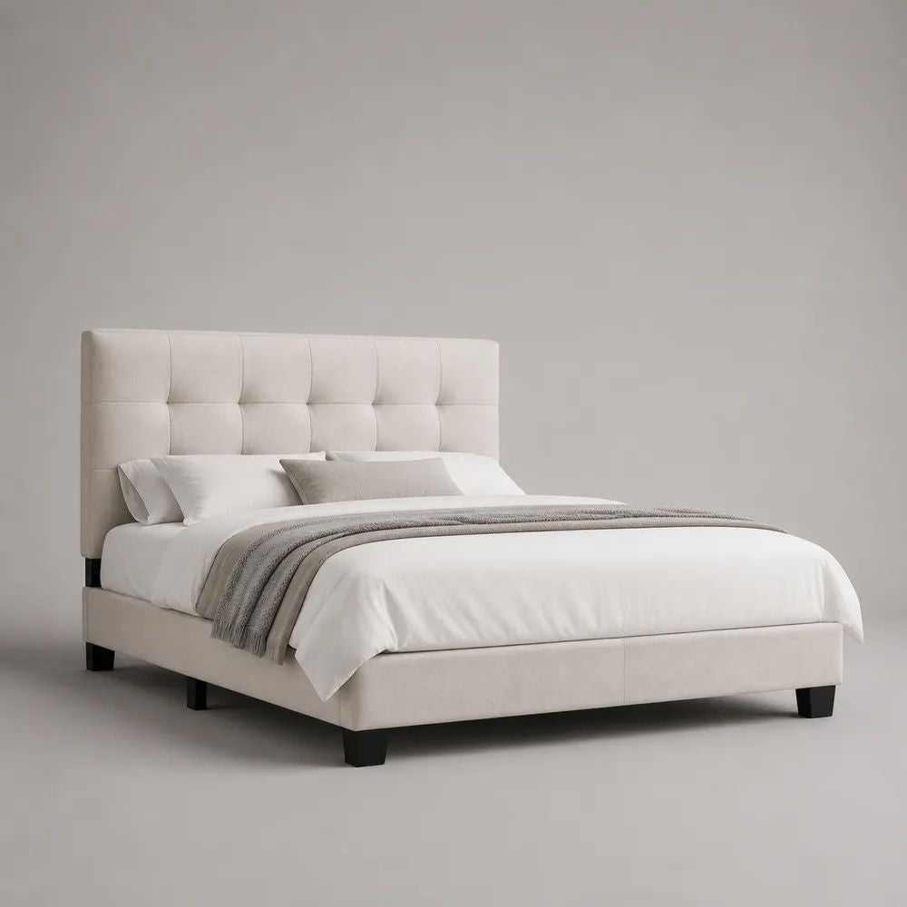 Polsterbett Doppelbett 160 x 200 cm mit Stoffbezug, gepolstertem Kopfteil und Lattenrost, Cremeweiß/Schwarz