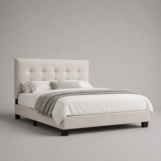 Polsterbett Doppelbett 160 x 200 cm mit Stoffbezug, gepolstertem Kopfteil und Lattenrost, Cremeweiß/Schwarz
