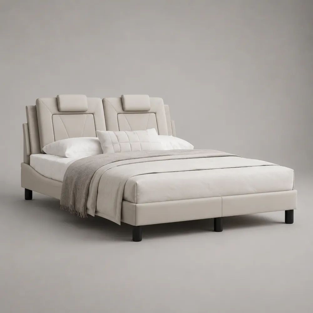 Polsterbett Doppelbett mit geteiltem Kopfteil aus PU-Kunstleder, Creme/Schwarz, 206 x 220 x 118 cm, Liegefläche 180 x 200 cm