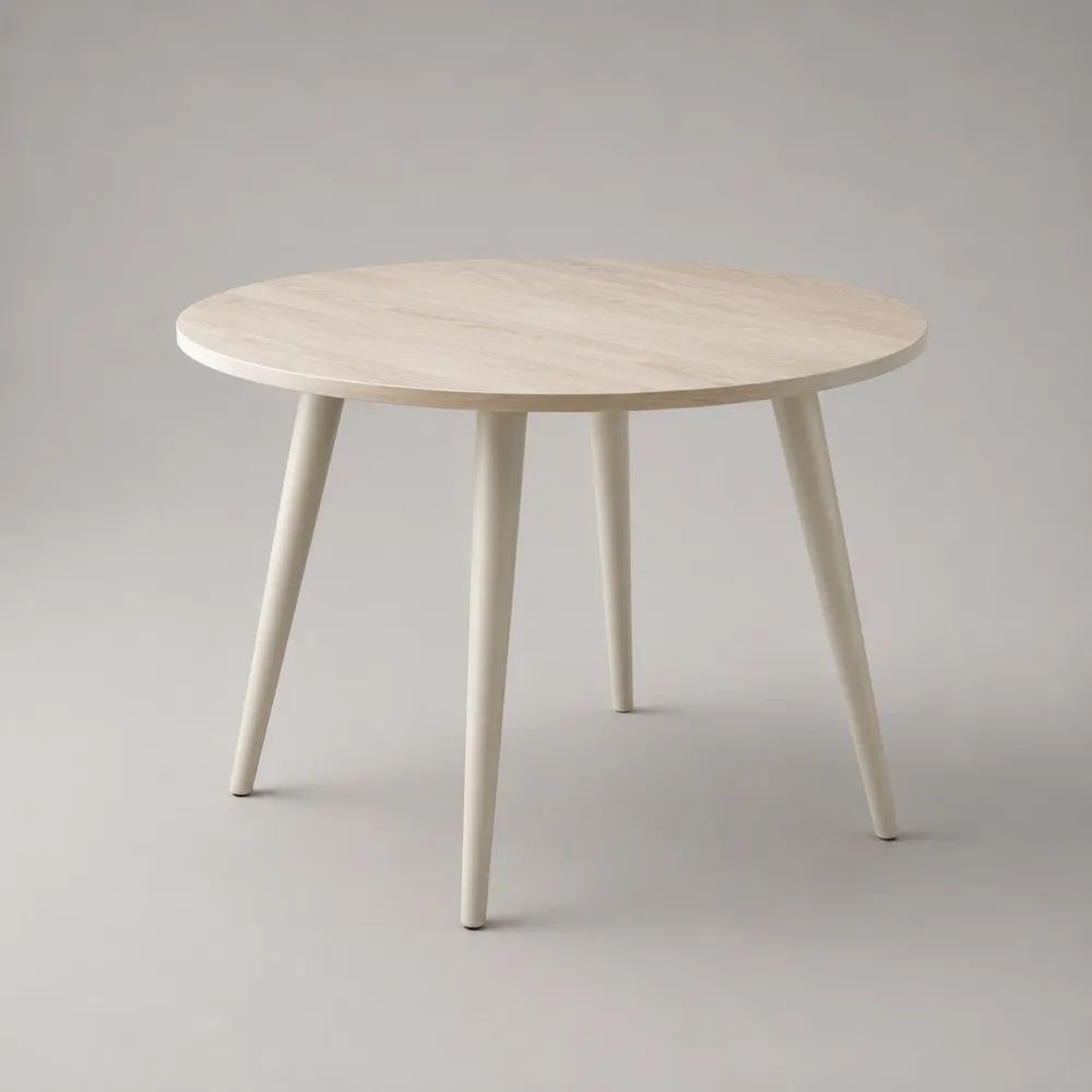 Runder Esstisch aus MDF mit Eschenfurnier und Massivholzbeinen, Naturweiß/Hellbeige, Ø 100 × H 75 cm