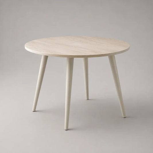 Runder Esstisch aus MDF mit Eschenfurnier und Massivholzbeinen, Naturweiß/Hellbeige, Ø 100 × H 75 cm