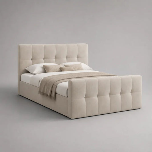 Boxspringbett-Set 180 × 200 cm mit gepolstertem Kopf- und Fußteil, Polyester-Samtbezug, Creme