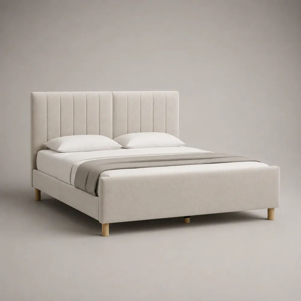 Polsterbett Doppelbett mit Stoffbezug und Lattenrost, Beige, Liegefläche 160 x 200 cm, Gesamtmaß 218 x 171 x 112 cm