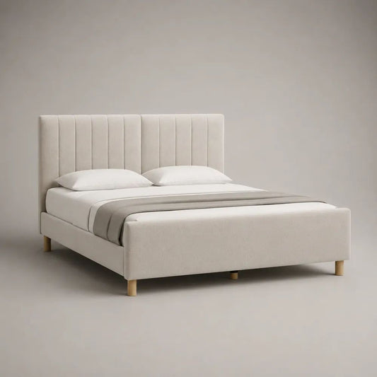 Polsterbett Doppelbett mit Stoffbezug und Lattenrost, Beige, Liegefläche 160 x 200 cm, Gesamtmaß 218 x 171 x 112 cm