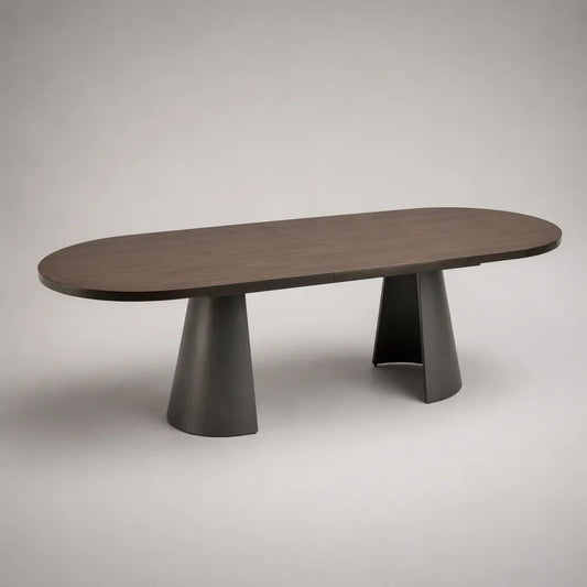 Ovaler Esstisch aus MDF mit Walnussfurnier und Stahlgestell, Walnussbraun/Anthrazit, 200 × 100 × 75 cm
