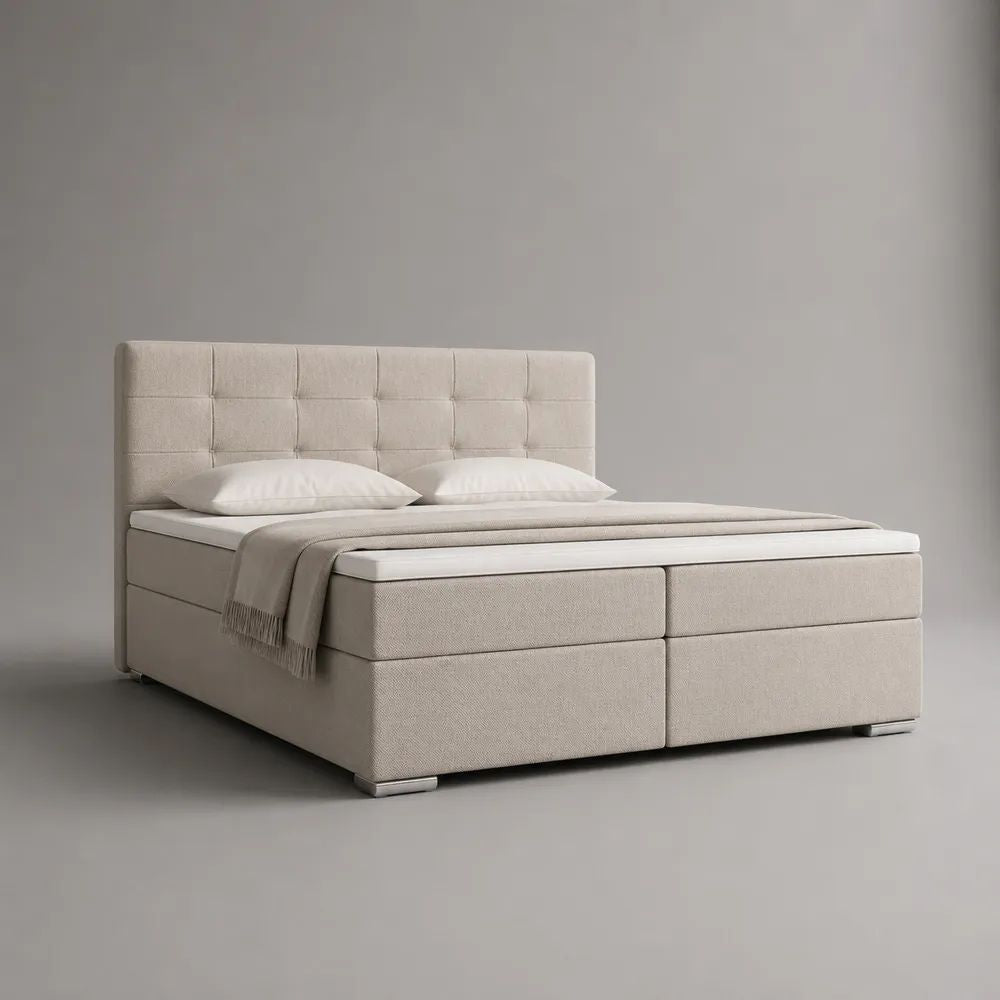 Boxspringbett Doppelbett 180 x 200 cm mit Topper, Polyesterbezug und gestepptem Kopfteil, Beige