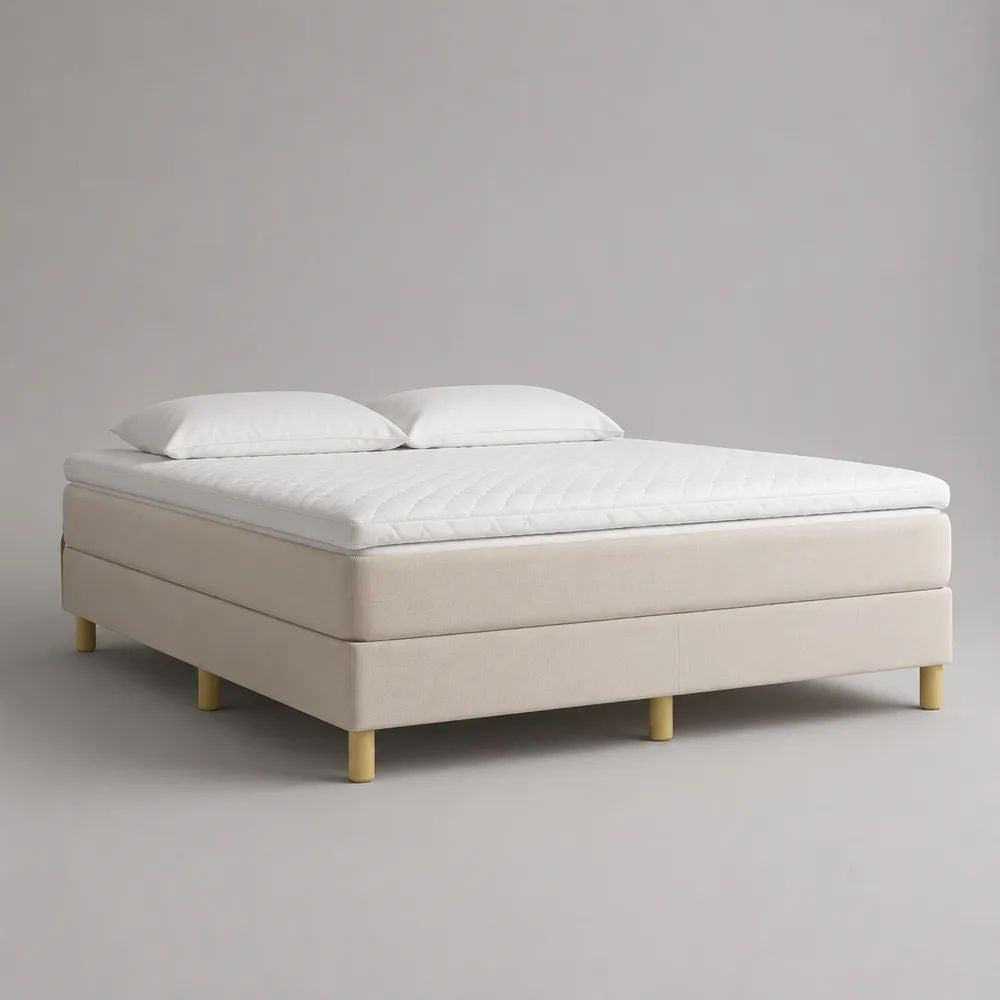 Boxspringbett 180 x 200 cm aus Stoff mit Tonnentaschenfederkernmatratze und PU-Schaum-Topper, Beige/Weiß/Naturfarben