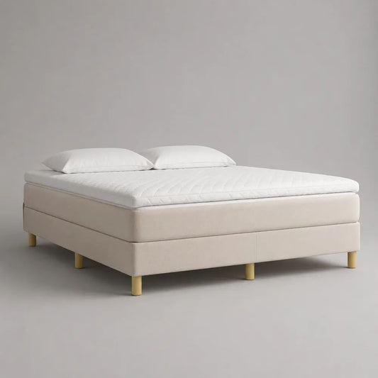 Boxspringbett 180 x 200 cm aus Stoff mit Tonnentaschenfederkernmatratze und PU-Schaum-Topper, Beige/Weiß/Naturfarben