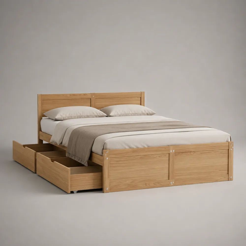 Doppelbett aus massiver Kiefer mit 2 Schubladen, Natur/Hellbraun, Liegefläche 160 × 200 cm, Gesamtmaß 208 × 168 × 100 cm