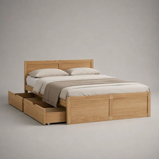 Doppelbett aus massiver Kiefer mit 2 Schubladen, Natur/Hellbraun, Liegefläche 160 × 200 cm, Gesamtmaß 208 × 168 × 100 cm