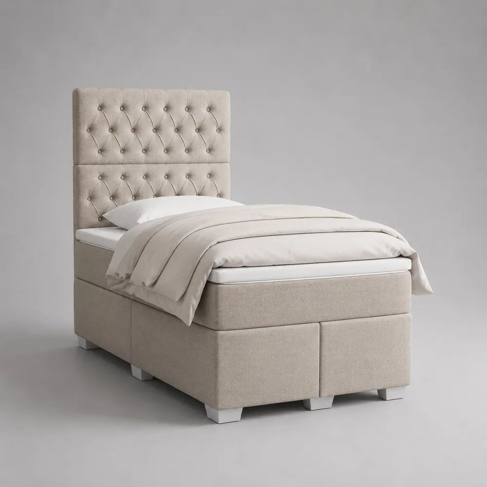 Boxspringbett-Set 120 × 200 cm mit Taschenfederkernmatratze, Topper und gepolstertem Stoff-Kopfteil, Beige