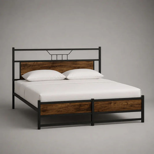 Doppelbett-Bettgestell 160 × 200 cm aus pulverbeschichtetem Stahl und MDF, Schwarz/Braun, 208 × 166 × 110 cm