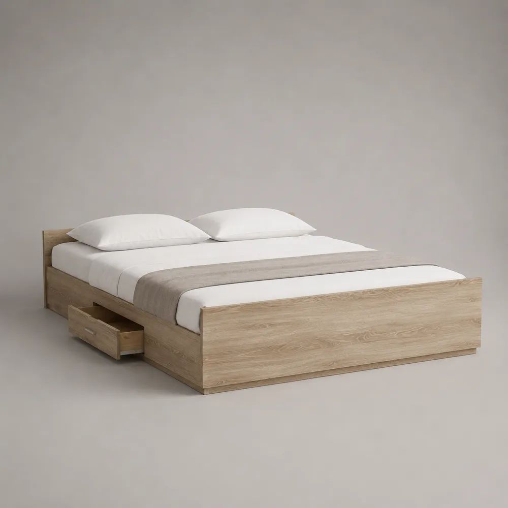 Stauraumbett Doppelbett 160 x 200 cm aus melaminharzbeschichteter Spanplatte mit Schublade, Eiche Natur