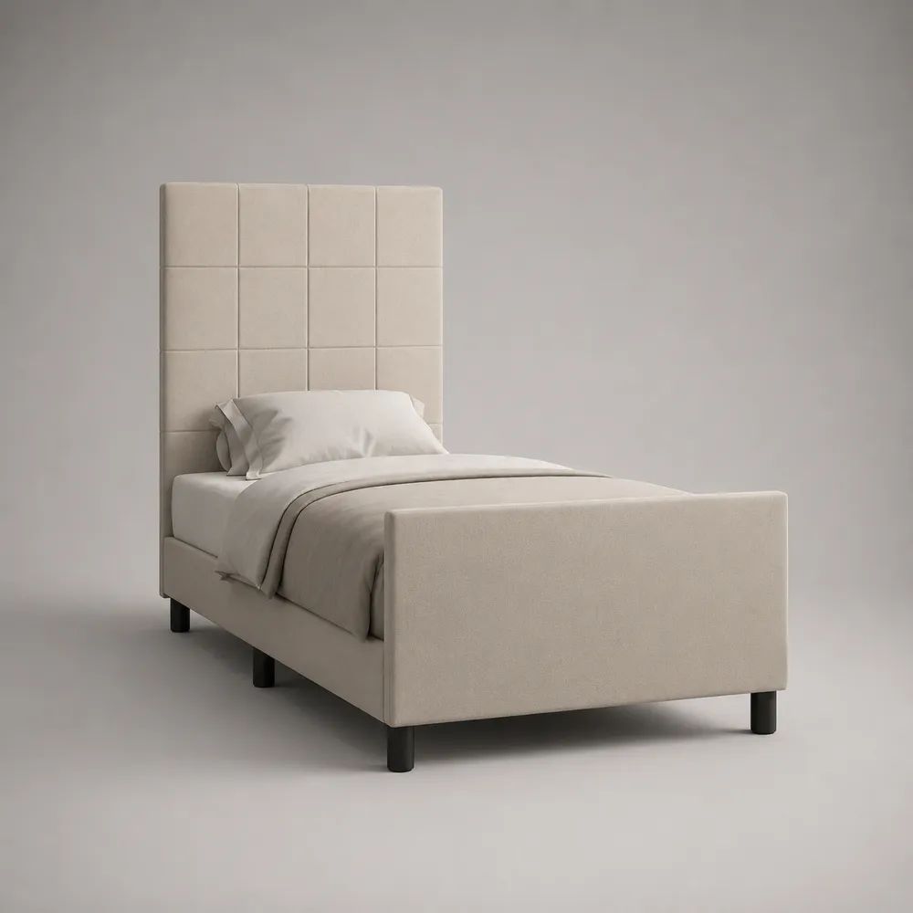 Polsterbett 90 x 200 cm mit Lattenrost, hohem Kopfteil und Fußteil, Polyester, Beige/Schwarz
