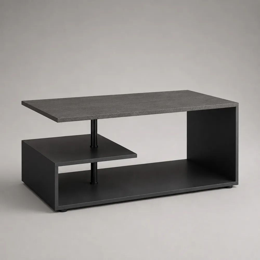 Rechteckiger Couchtisch mit 2 Ablagen aus Holz und Metall, Grau/Schwarz, 100 x 50 x 45 cm