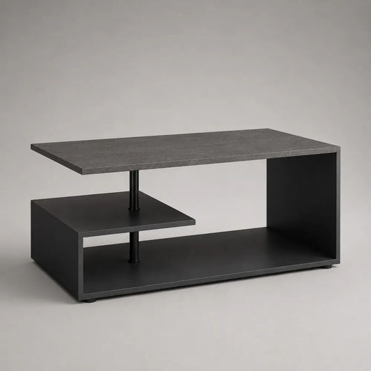 Rechteckiger Couchtisch mit 2 Ablagen aus Holz und Metall, Grau/Schwarz, 100 x 50 x 45 cm