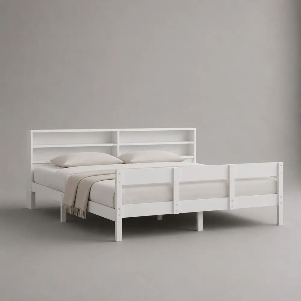 Doppelbett-Bettgestell aus massivem Kiefernholz mit Regal-Kopfteil, Weiß, Liegefläche 140 × 200 cm