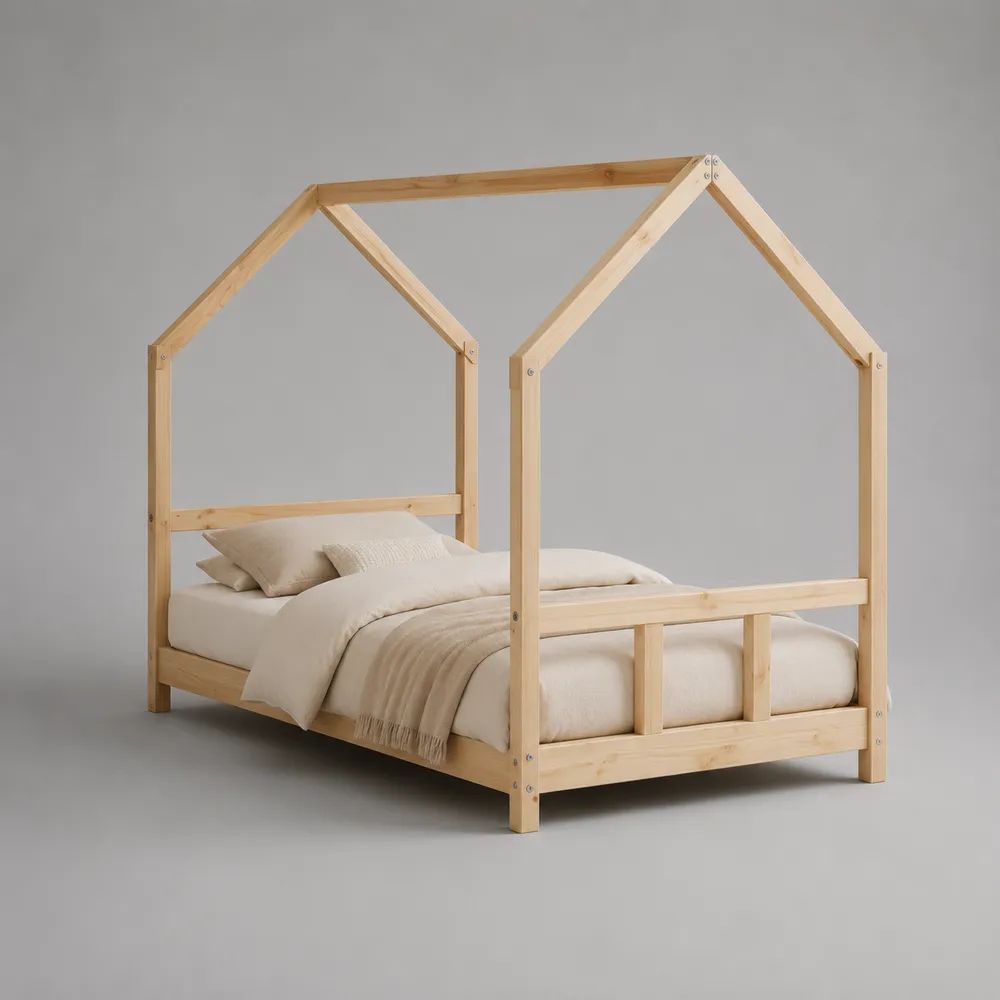 Hausbett-Kinderbett aus massivem Kiefernholz, Natur, 140 × 200 cm