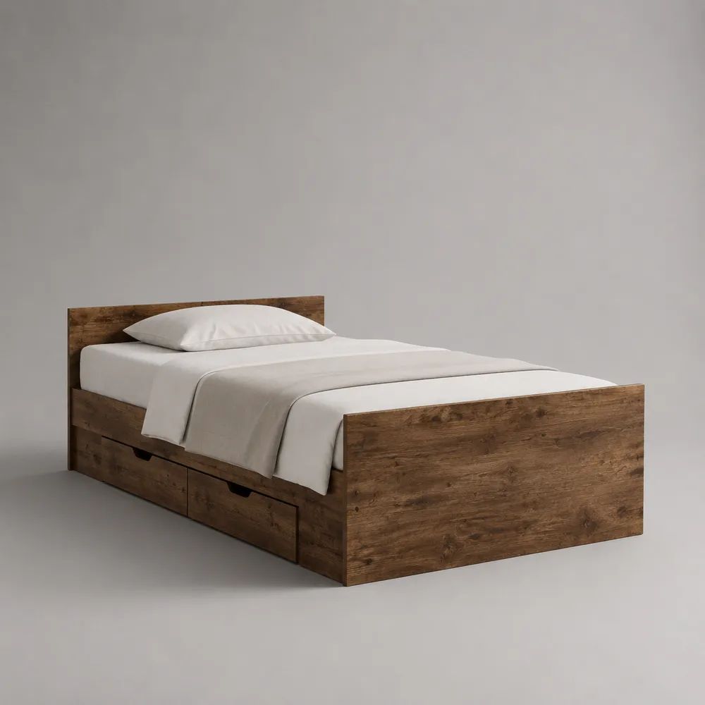 Stauraum-Einzelbett aus melaminbeschichteter Spanplatte mit 2 Schubladen, Braun, 205 × 96 × 80 cm, Liegefläche 90 × 200 cm