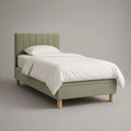 Boxspring-Einzelbett 90 x 200 cm mit Matratze, Polyesterbezug und Stahlfederkern, Hellgrün/Natur, Gesamtmaß 100 x 210 x 110 cm