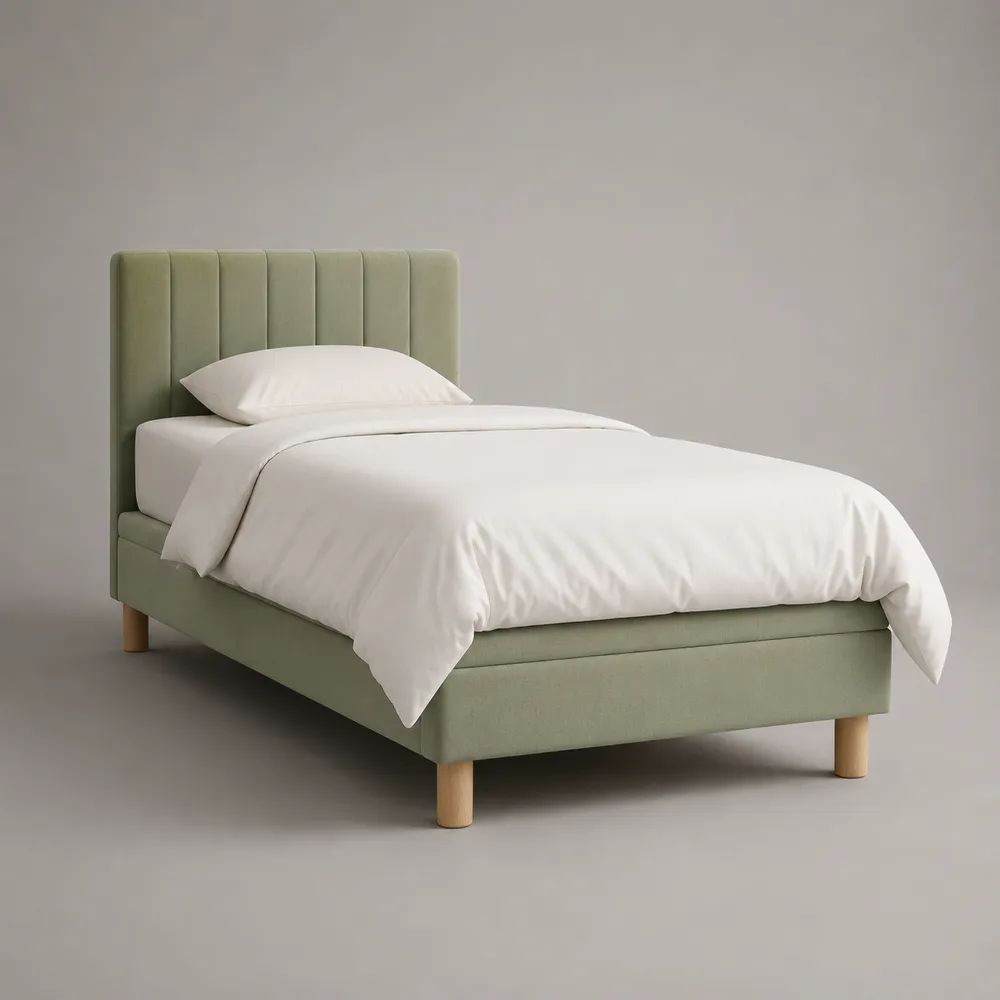 Boxspring-Einzelbett 90 x 200 cm mit Matratze, Polyesterbezug und Stahlfederkern, Hellgrün/Natur, Gesamtmaß 100 x 210 x 110 cm