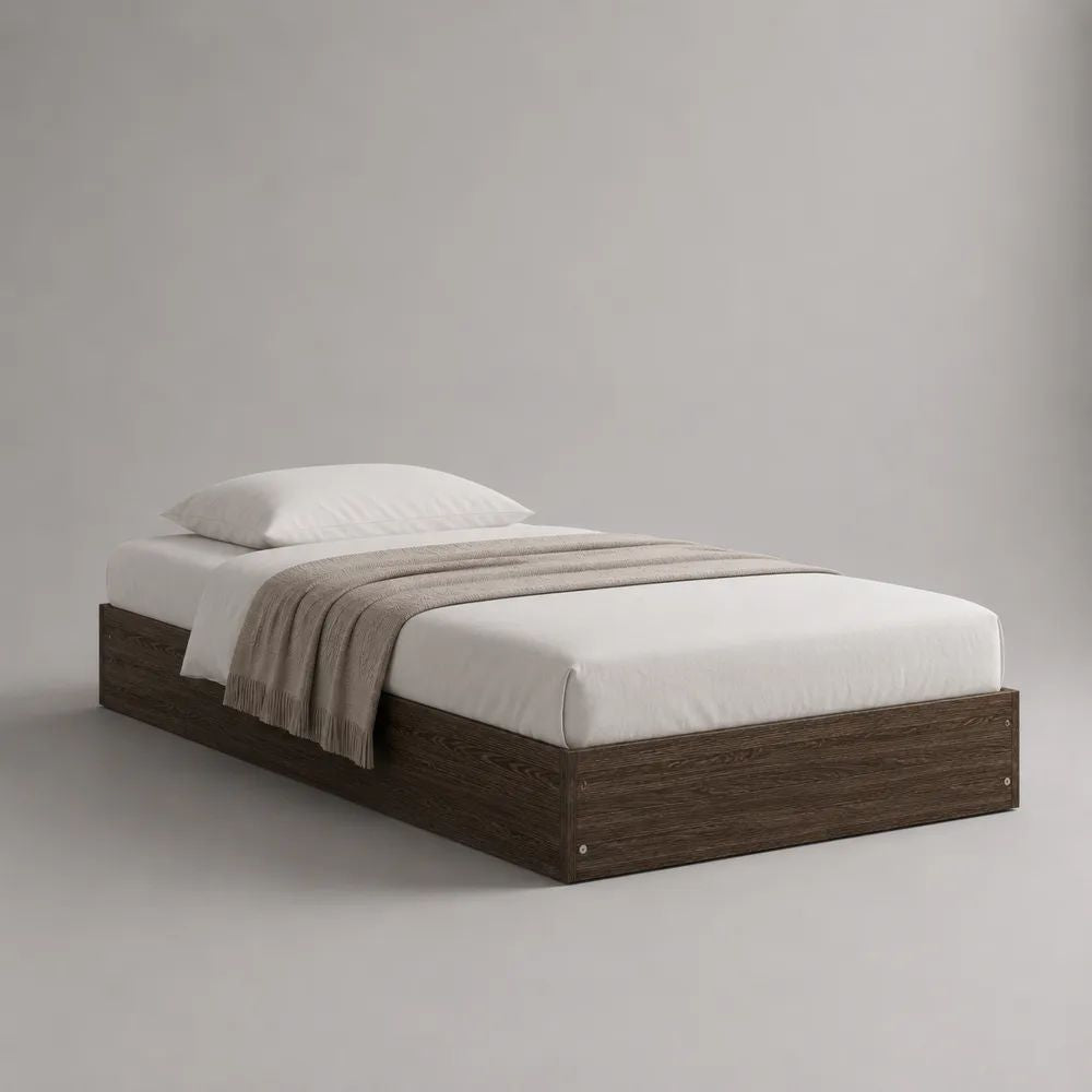 Bettgestell 90 x 200 cm aus melaminbeschichteter Spanplatte, Dunkelbraun, ohne Kopfteil