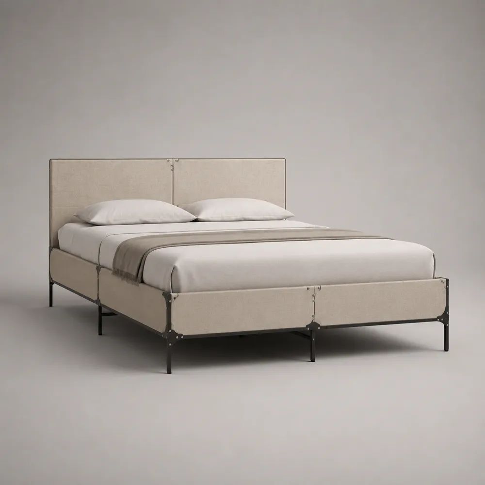 Doppelbett Polsterbett mit Kopfteil, Stahlrahmen und Polyesterbezug, Beige/Schwarz, Liegefläche 160 × 200 cm, Gesamtmaß 168 × 208 × 110 cm
