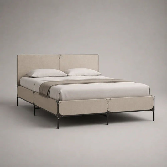 Doppelbett Polsterbett mit Kopfteil, Stahlrahmen und Polyesterbezug, Beige/Schwarz, Liegefläche 160 × 200 cm, Gesamtmaß 168 × 208 × 110 cm