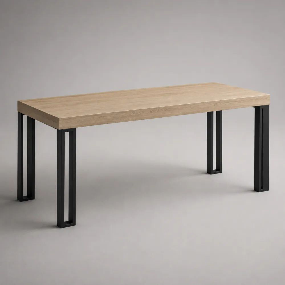 Rechteckiger Esstisch aus MDF mit Eichenfurnier und Stahlgestell, Natur/Schwarz, 160 × 80 × 75 cm