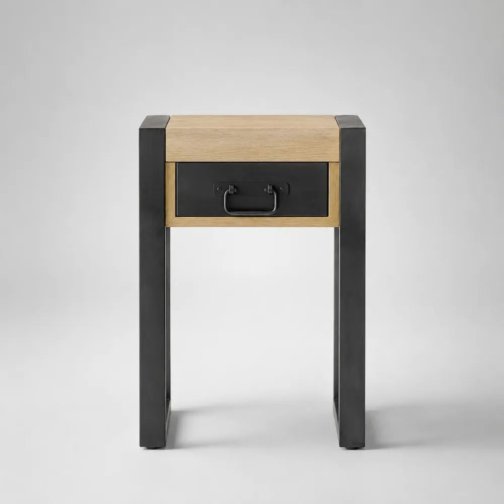 Rechteckiger Beistelltisch mit Schublade aus Eichenfurnier und Stahl, Natur/Schwarz, 45 × 35 × 65 cm