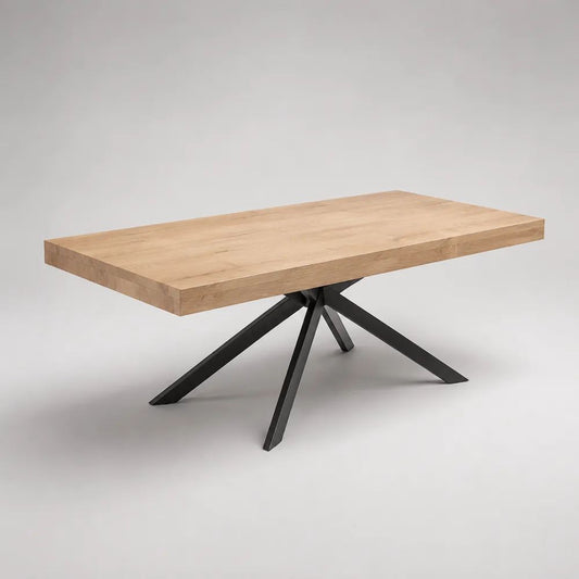 Rechteckiger Esstisch aus massiver Eiche mit Stahlgestell, Natur/Schwarz, 180 × 90 × 76 cm