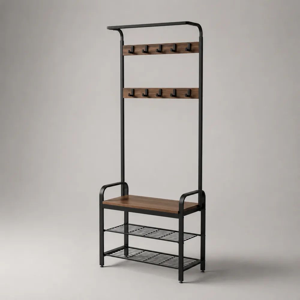 Garderobenständer mit Sitzbank, 10 Haken, Kleiderstange und 2 Schuhablagen, Stahl und Spanplatte, Schwarz/Walnussbraun, 80 × 40 × 180 cm